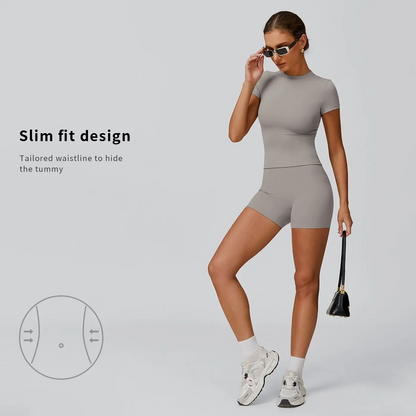 Women's 2-Piece Open-Back Workout Set – Boat Neck Tank Top & Shorts, Tummy Control, Yoga & Gym