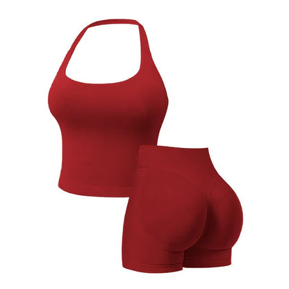 Two-Piece Set Women's Solid Color Halter Top & High Waist Shorts Sports Set, Sporty Breathable Quick Drying Outfits for Yoga Gym Workout Running, Ladies Sportswear for Summer, Quick Dry Activewear