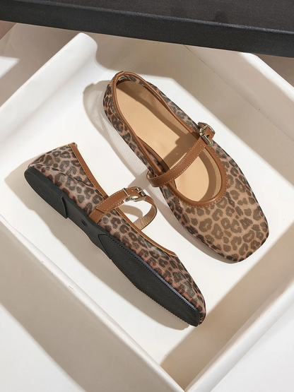 Women's Leopard Print Mesh Flats – Square Toe Slip-On, Breathable & Comfortable
