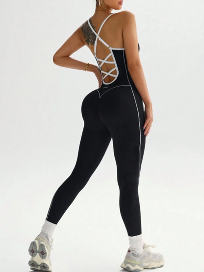 Women's Seamless Sports Jumpsuit | Halter Neck Cross-Back | High-Stretch Yoga Gym Cycling Romper