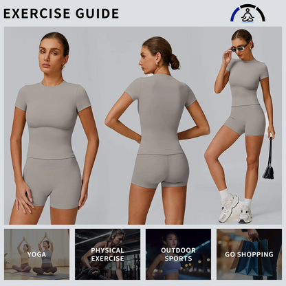 Women's 2-Piece Open-Back Workout Set – Boat Neck Tank Top & Shorts, Tummy Control, Yoga & Gym