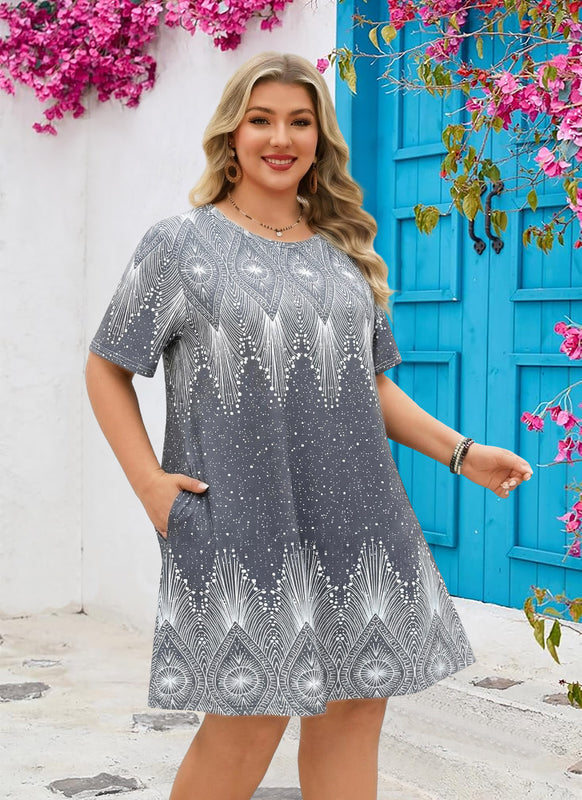 Women's Plus Size Grey Geometric Print T-Shirt Dress | Short Sleeve