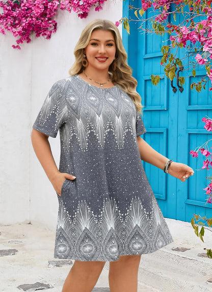 Women's Plus Size Grey Geometric Print T-Shirt Dress | Short Sleeve