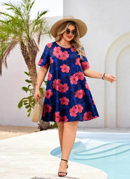 Women's Plus Size Royal Blue Floral T-Shirt Dress | Short Sleeve