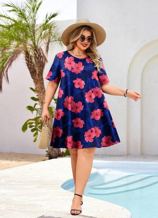 Women's Plus Size Royal Blue Floral T-Shirt Dress | Short Sleeve