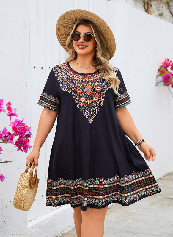 Women's Plus Size Black Boho Floral T-Shirt Dress | Short Sleeve
