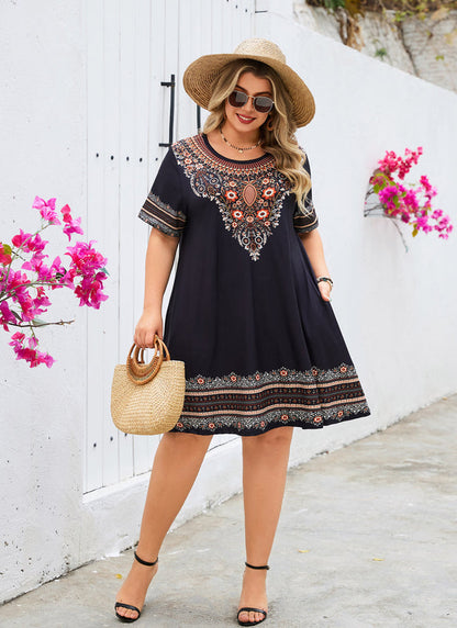Women's Plus Size Black Boho Floral T-Shirt Dress | Short Sleeve