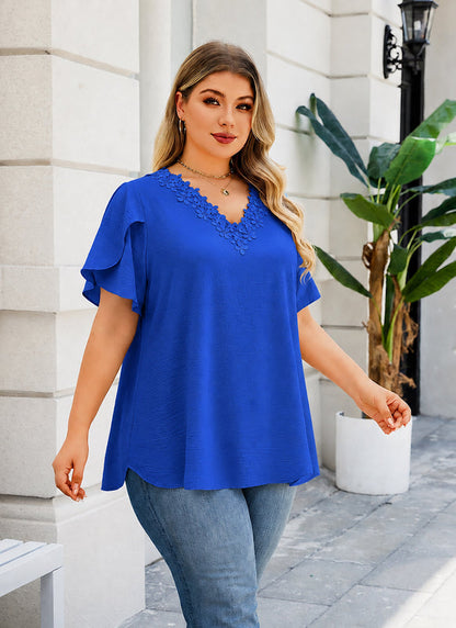 Women's Plus Size Floral Trim Tunic Top | V-Neck Short Sleeve Blouse – Royal Blue
