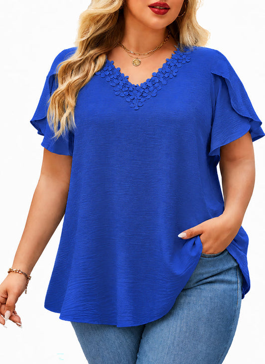 Women's Plus Size Floral Trim Tunic Top | V-Neck Short Sleeve Blouse – Royal Blue