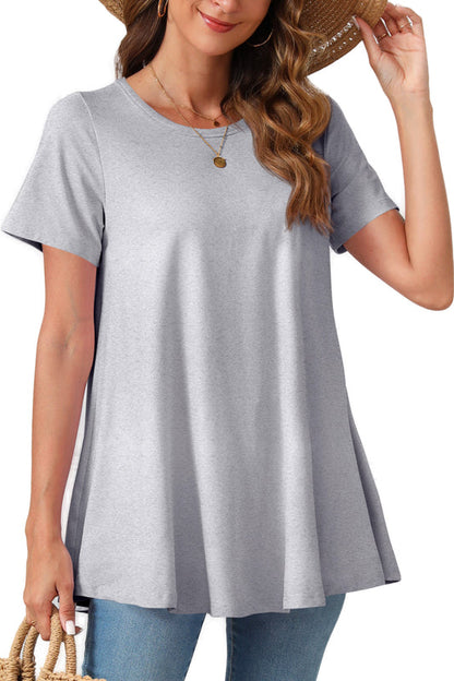 Light Grey Short Sleeve Swing Tunic Top – Women's Plus Size Crew Neck Flowy Blouse to Wear with Leggings (S–7XL)