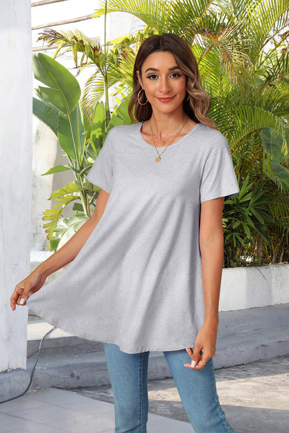 Light Grey Short Sleeve Swing Tunic Top – Women's Plus Size Crew Neck Flowy Blouse to Wear with Leggings (S–7XL)
