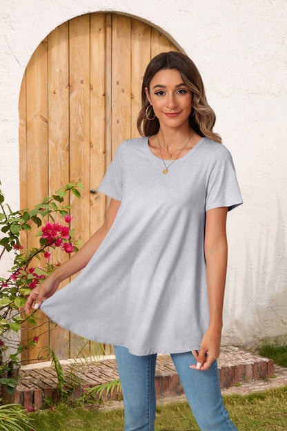 Light Grey Short Sleeve Swing Tunic Top – Women's Plus Size Crew Neck Flowy Blouse to Wear with Leggings (S–7XL)