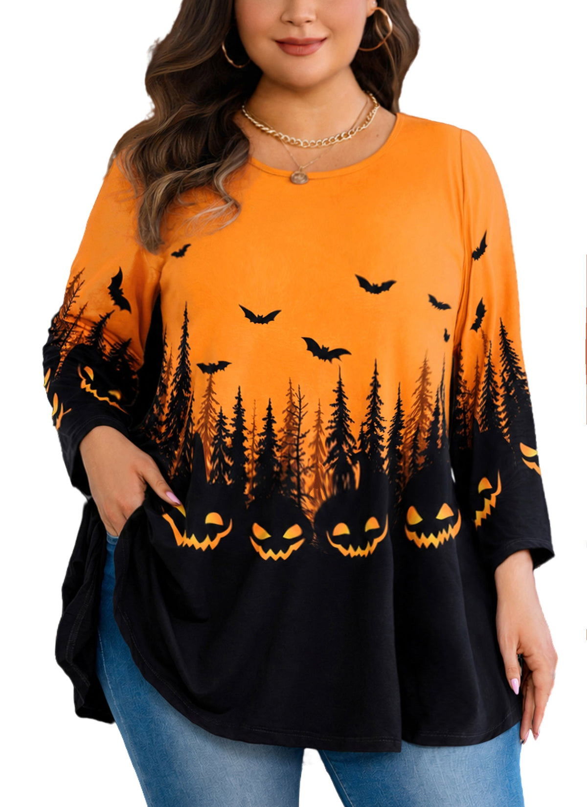 Women's Forest Print Swing Tunic Top – 3/4 Sleeve, Plus Size