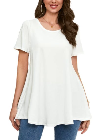 White Short Sleeve Swing Tunic Top – Women's Plus Size Crew Neck Flowy Blouse to Wear with Leggings (S–7XL)