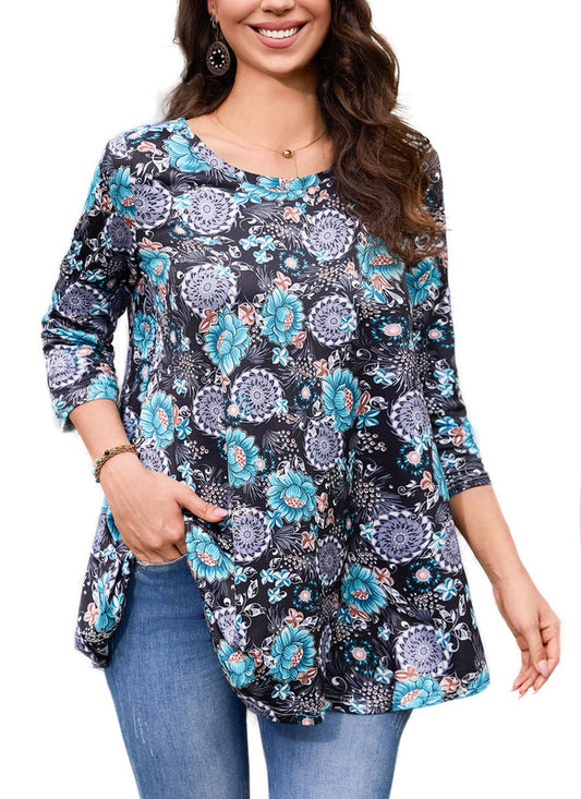 Women's Plus Size Floral Tunic Top – 3/4 Sleeve Swing Flare Blouse, S–7XL
