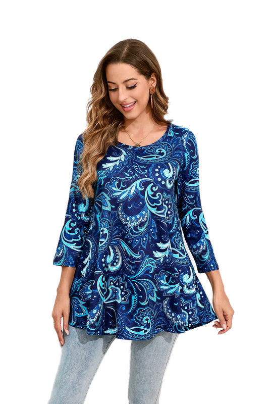 Women's Plus Size Paisley Tunic Top | 3/4 Sleeve Swing Flare Blouse | S–4XL