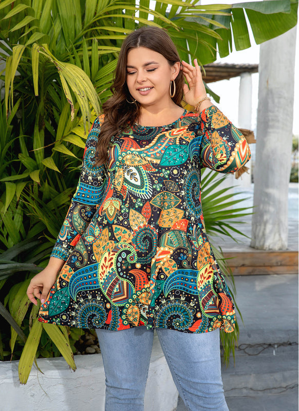 Women's Plus Size Boho Leaf Print Tunic Top | 3/4 Sleeve Swing Blouse with Pockets, Flowy Fit, Wear with Leggings – Colorful, S to 5XL