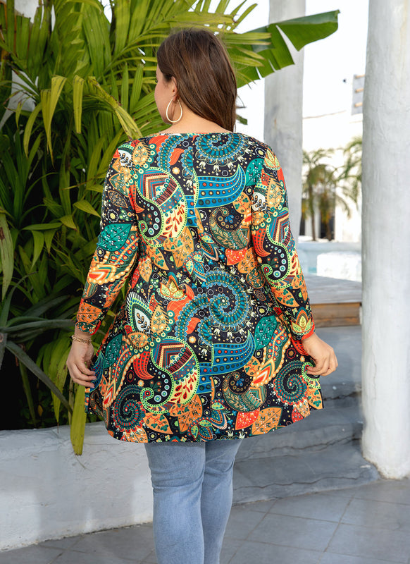 Women's Plus Size Boho Leaf Print Tunic Top | 3/4 Sleeve Swing Blouse with Pockets, Flowy Fit, Wear with Leggings – Colorful, S to 5XL
