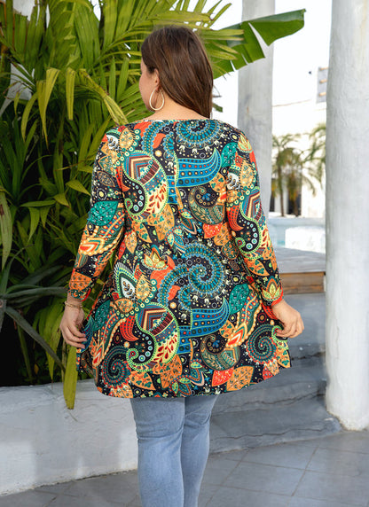 Women's Plus Size Boho Leaf Print Tunic Top | 3/4 Sleeve Swing Blouse with Pockets, Flowy Fit, Wear with Leggings – Colorful, S to 5XL