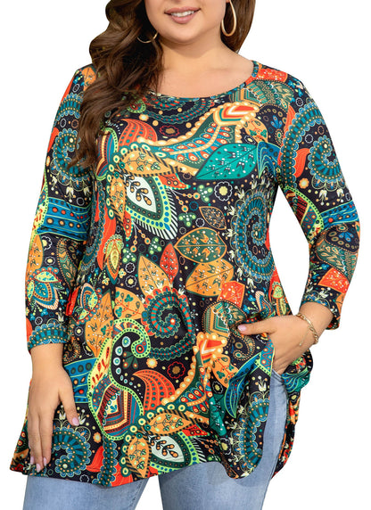 Women's Plus Size Boho Leaf Print Tunic Top | 3/4 Sleeve Swing Blouse with Pockets, Flowy Fit, Wear with Leggings – Colorful, S to 5XL