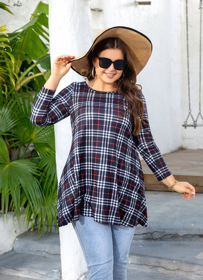 Women's Plus Size Plaid Tunic Top | 3/4 Sleeve Swing Blouse, Flowy Loose Fit, Wear with Leggings – Navy Plaid, XL to 4XL