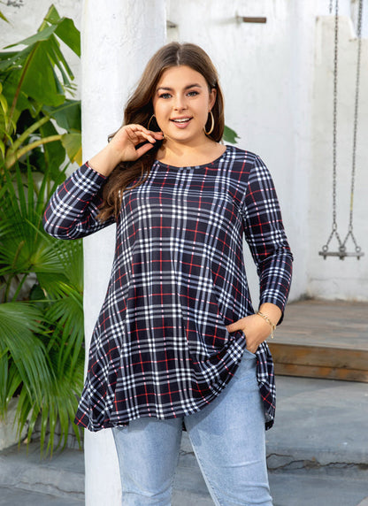 Women's Plus Size Plaid Tunic Top | 3/4 Sleeve Swing Blouse, Flowy Loose Fit, Wear with Leggings – Navy Plaid, XL to 4XL