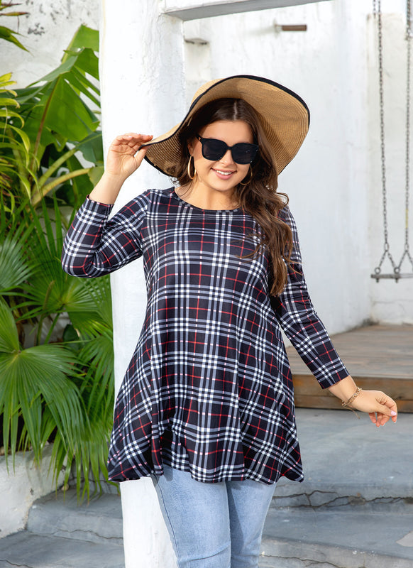 Women's Plus Size Plaid Tunic Top | 3/4 Sleeve Swing Blouse, Flowy Loose Fit, Wear with Leggings – Navy Plaid, XL to 4XL