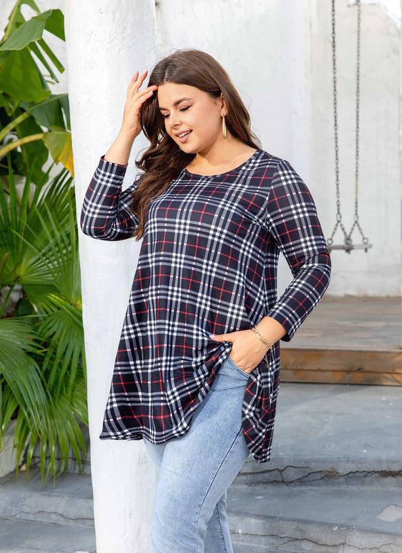 Women's Plus Size Plaid Tunic Top | 3/4 Sleeve Swing Blouse, Flowy Loose Fit, Wear with Leggings – Navy Plaid, XL to 4XL