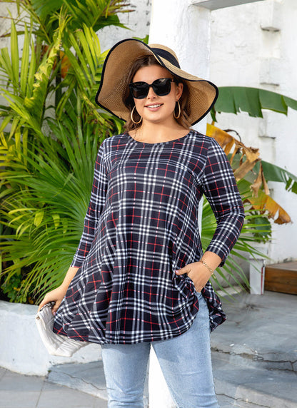 Women's Plus Size Plaid Tunic Top | 3/4 Sleeve Swing Blouse, Flowy Loose Fit, Wear with Leggings – Navy Plaid, XL to 4XL