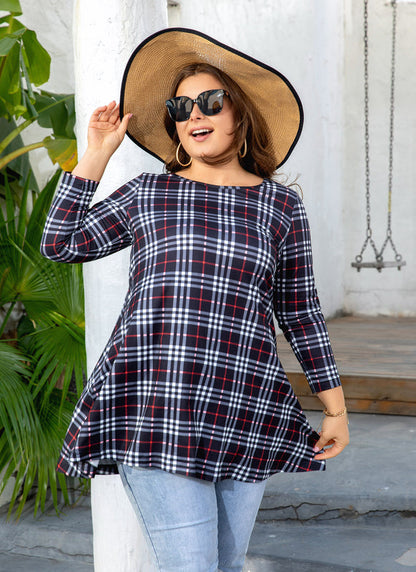 Women's Plus Size Plaid Tunic Top | 3/4 Sleeve Swing Blouse, Flowy Loose Fit, Wear with Leggings – Navy Plaid, XL to 4XL