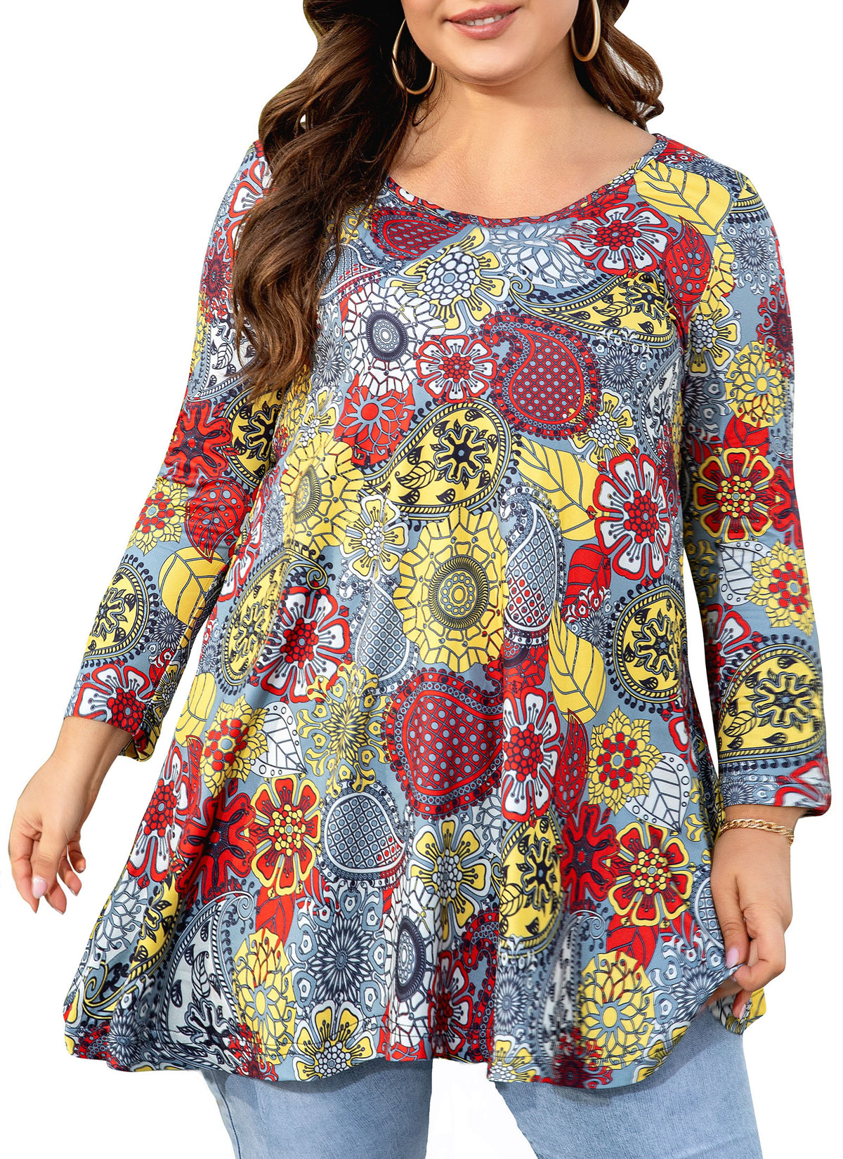 Women's Plus Size Floral Tunic Top | 3/4 Sleeve Swing Blouse, Flowy Fit, Wear with Leggings – S to 5XL
