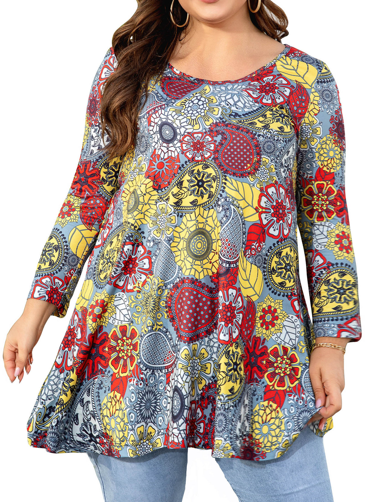 Women's Plus Size Floral Tunic Top | 3/4 Sleeve Swing Blouse, Flowy Fit, Wear with Leggings – S to 5XL