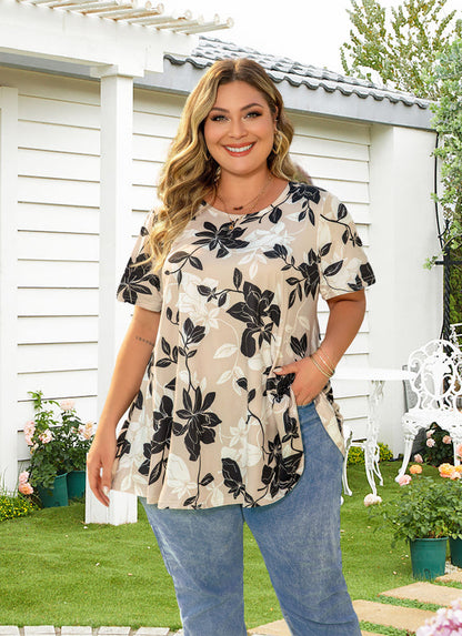 Women's Plus Size Swing Tunic Top – Short Sleeve, Flowy Blouse in Neutral Beige, Black & White