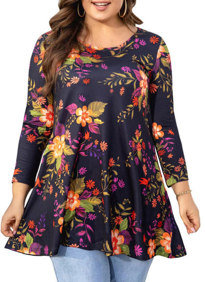 Women's Plus Size Floral Tunic Top | 3/4 Sleeve Swing Blouse, Flowy Loose Fit, Wear with Leggings – Orange Floral, S to 7XL