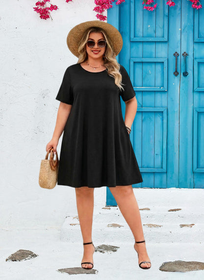 Women's Plus Size Black T-Shirt Dress | Short Sleeve Swing Dress