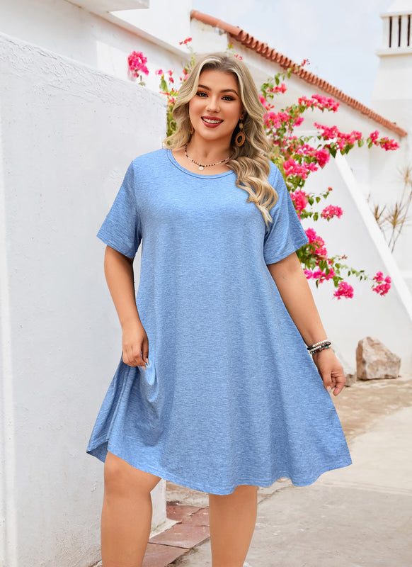 Women's Plus Size Blue T-Shirt Dress | Short Sleeve Swing Dress