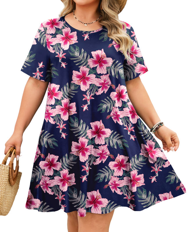 Women's Plus Size Navy Blue Pink Floral T-Shirt Dress | Short Sleeve