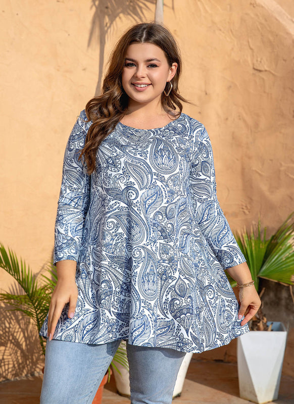 Women's Plus Size Paisley Print Tunic Top | 3/4 Sleeve Swing Blouse with Pockets, Flowy Fit, Wear with Leggings – Navy & White, S to 7XL