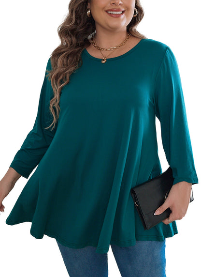 Women's Plus Size Teal Tunic Top | 3/4 Sleeve A-Line Swing Blouse, Flowy Fit, Wear with Leggings – XL to 5XL