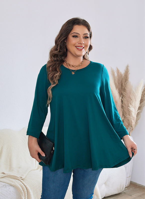 Women's Plus Size Teal Tunic Top | 3/4 Sleeve A-Line Swing Blouse, Flowy Fit, Wear with Leggings – XL to 5XL
