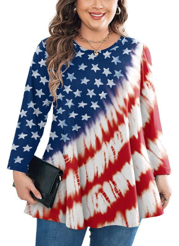 Women's Plus Size American Flag Tunic Top – Patriotic 3/4 Sleeve Swing Flare Blouse
