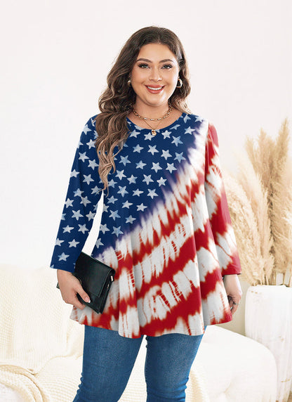 Women's Plus Size American Flag Tunic Top – Patriotic 3/4 Sleeve Swing Flare Blouse