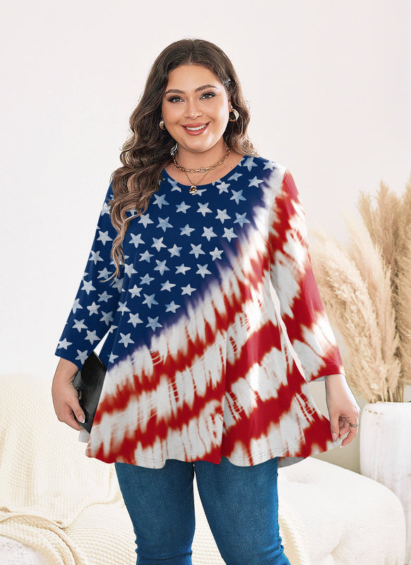 Women's Plus Size American Flag Tunic Top – Patriotic 3/4 Sleeve Swing Flare Blouse