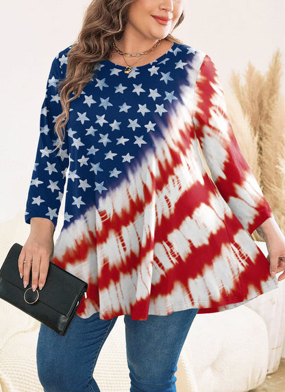 Women's Plus Size American Flag Tunic Top – Patriotic 3/4 Sleeve Swing Flare Blouse