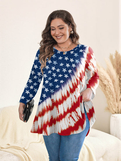 Women's Plus Size American Flag Tunic Top – Patriotic 3/4 Sleeve Swing Flare Blouse
