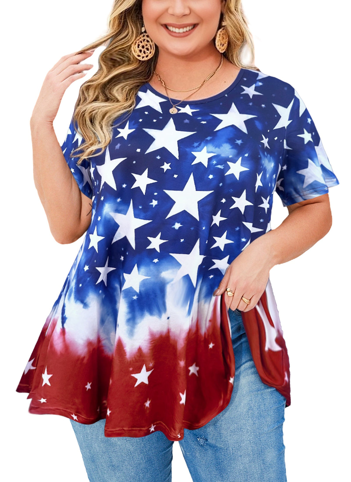 Women's Plus Size American Flag Tunic Top – Short Sleeve, Patriotic Swing Blouse to Wear with Leggings