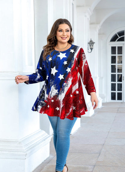 Women's Plus Size American Flag Tunic Top – 3/4 Sleeve Patriotic Swing Flare Blouse