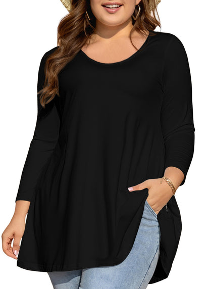 Women's Plus Size Black Tunic Top | 3/4 Sleeve Swing Blouse with Pockets, Hi-Low Hem, Wear with Leggings – L to 7XL