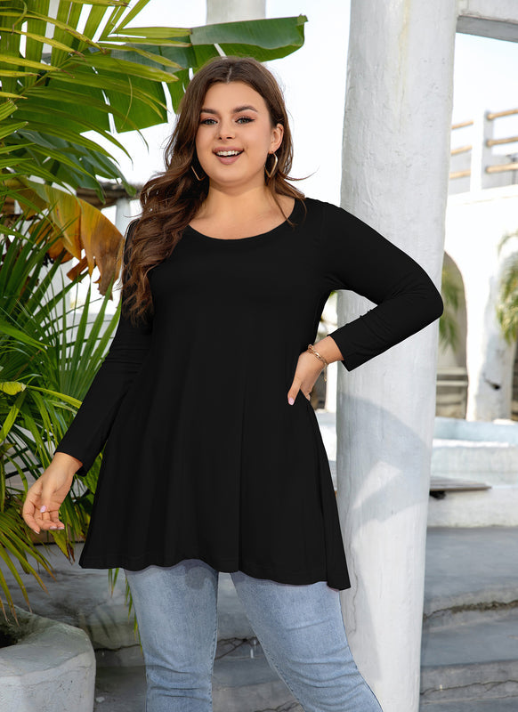 Women's Plus Size Black Tunic Top | 3/4 Sleeve Swing Blouse with Pockets, Hi-Low Hem, Wear with Leggings – L to 7XL