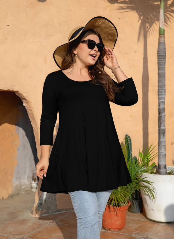 Women's Plus Size Black Tunic Top | 3/4 Sleeve Swing Blouse with Pockets, Hi-Low Hem, Wear with Leggings – L to 7XL
